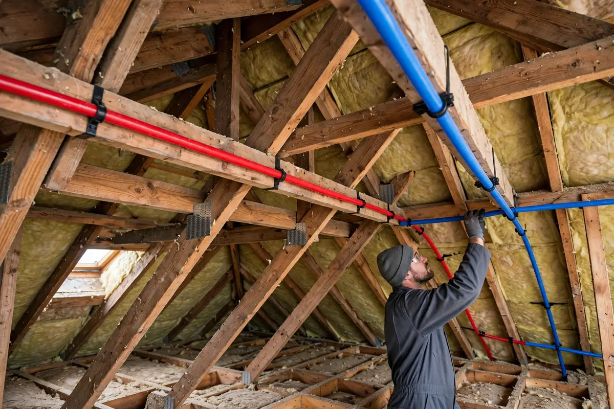 PEX lines routed overhead through an attic space