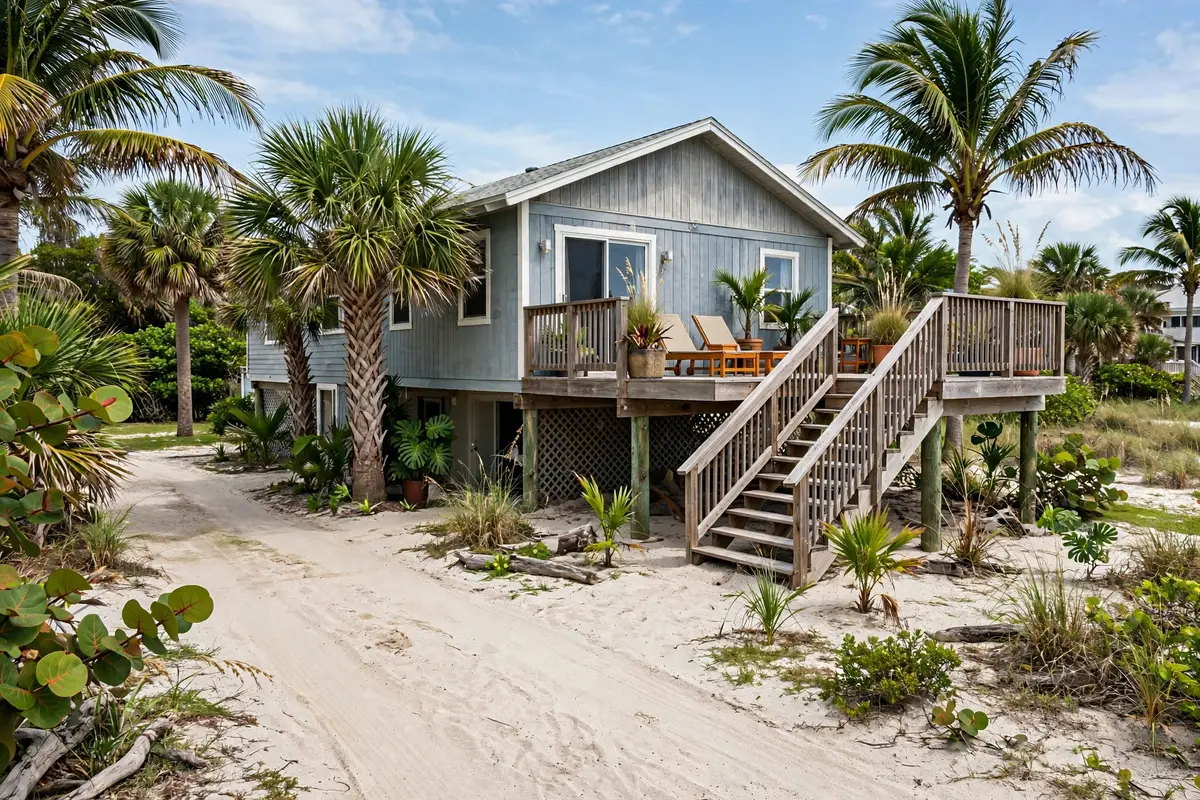 Beach rental home on Holmes Beach FL with palm landscaping