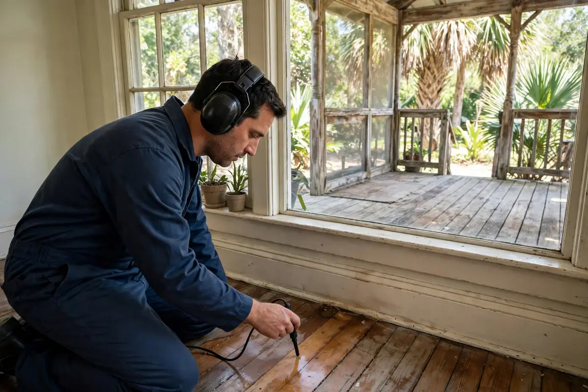 Technician listening for a leak on a Palmetto home floor