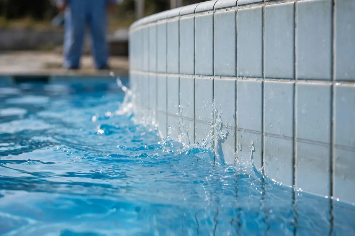 Pool waterline tiles with the water level marked
