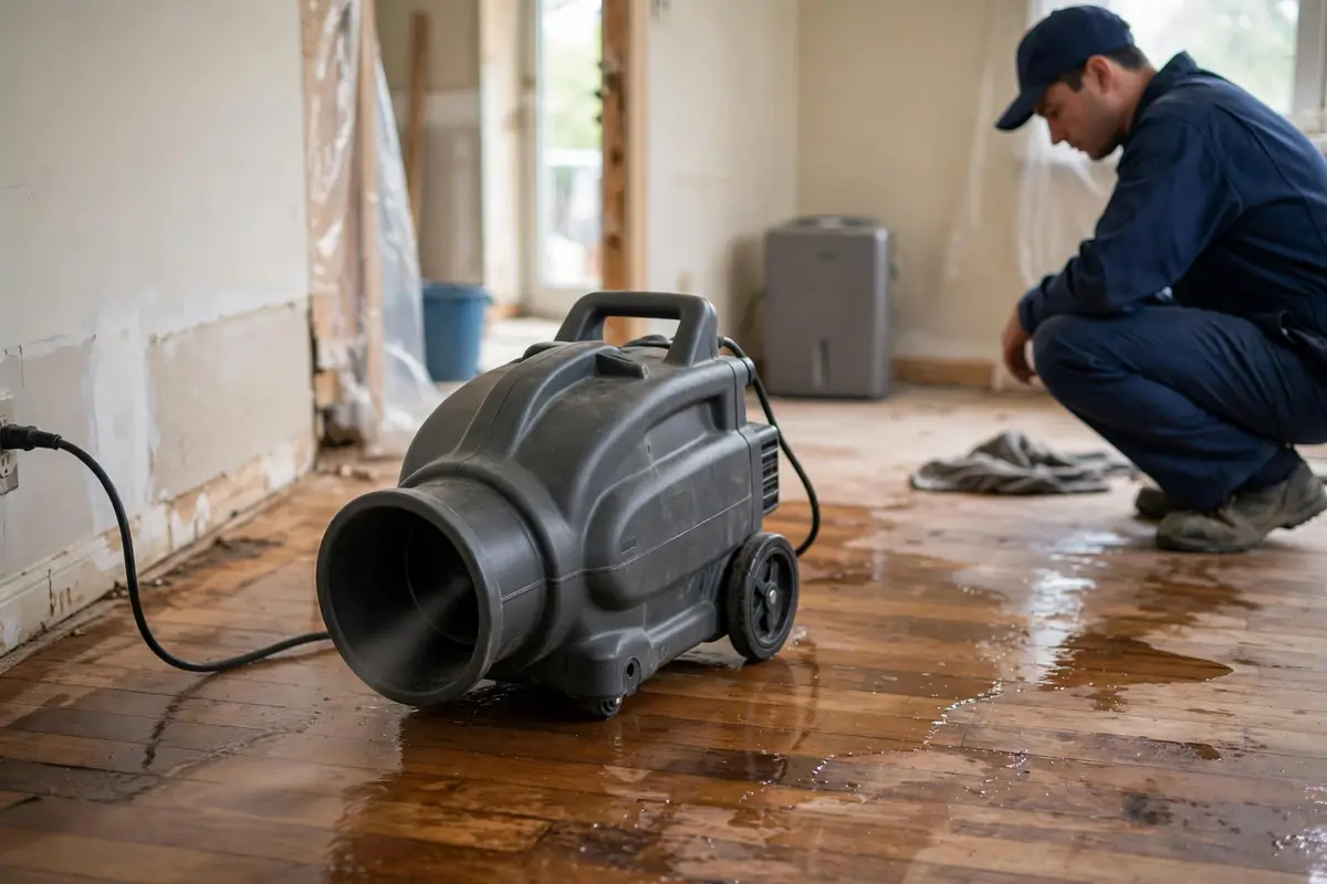 Air mover fan drying a floor after a leak repair
