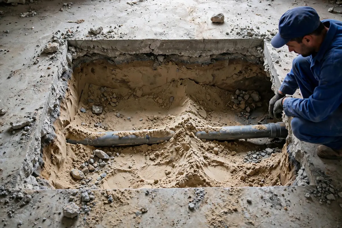 Opened floor section exposing soil and a water pipe