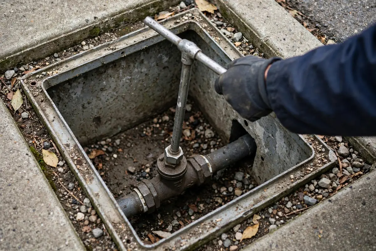 Meter key turning a curb shutoff valve