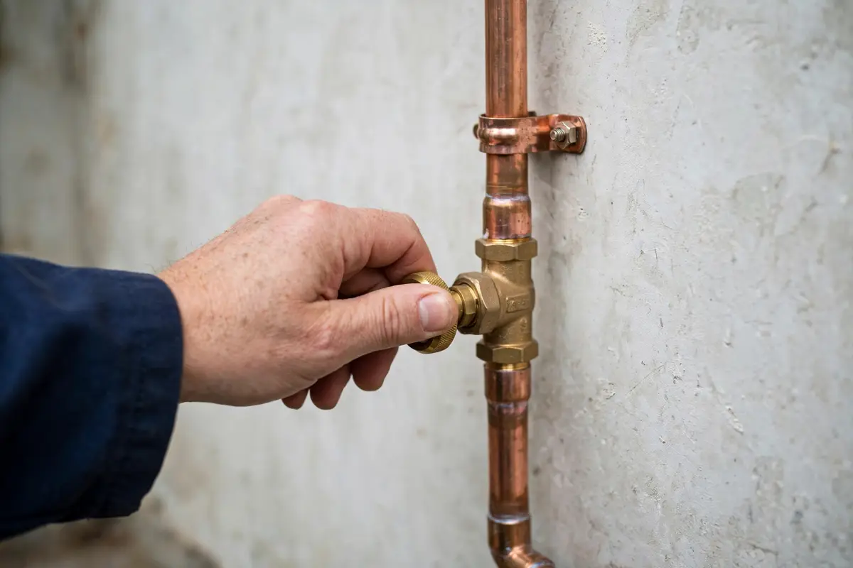 Hand turning a brass home water shutoff valve
