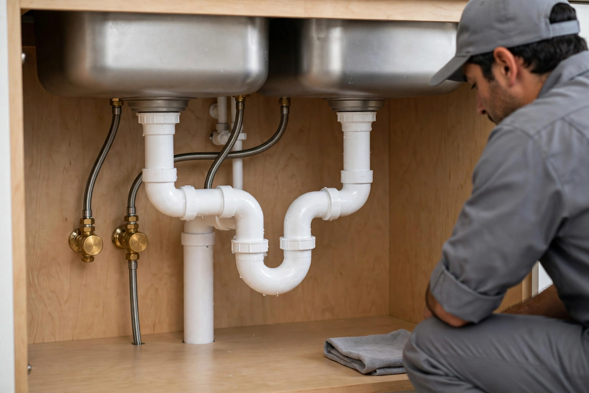 Pipes and shutoff valves under a kitchen sink