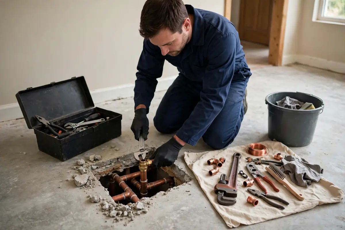 Plumber repairing a pipe inside a small opening in a concrete slab floor
