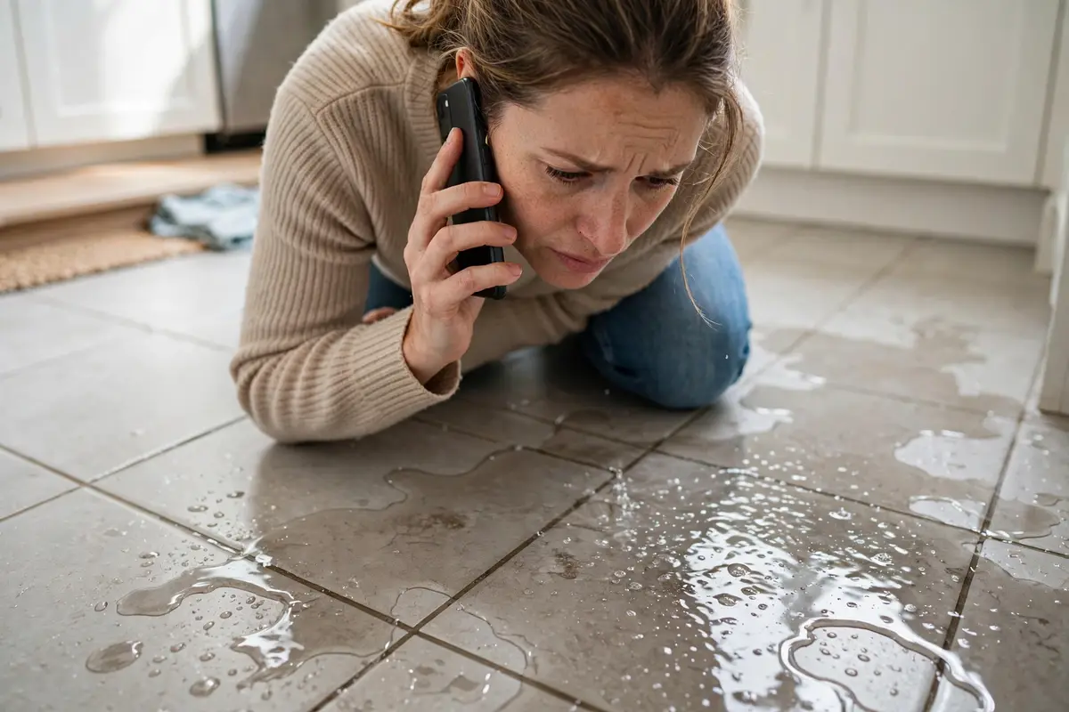 Homeowner on the phone looking at a wet spot on a kitchen floor