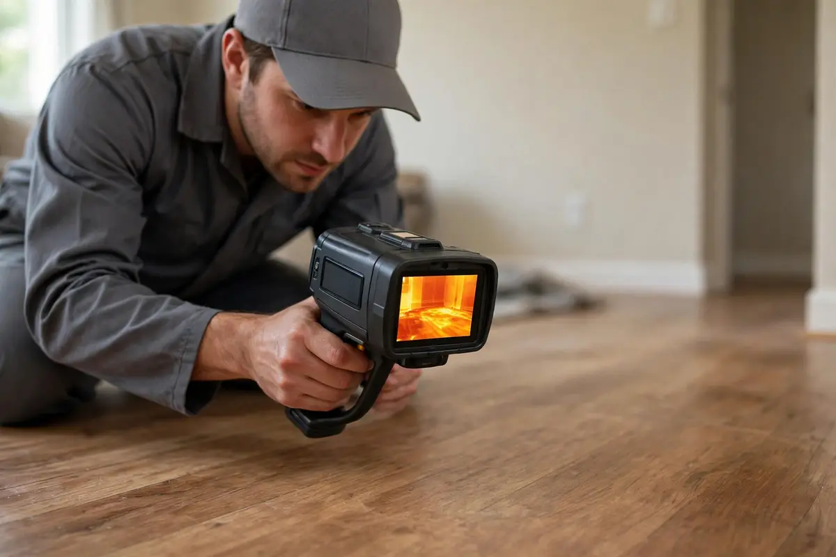 Thermal imaging camera scanning a floor for a hidden slab leak
