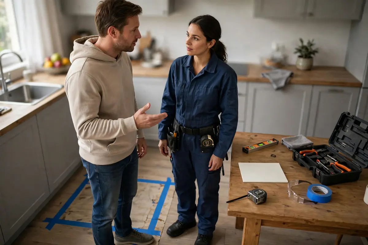 Technician reviewing a repair plan with a homeowner
