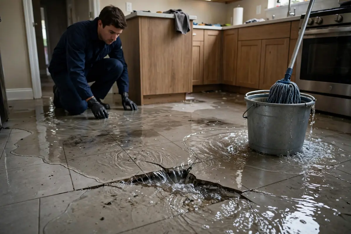 Water pooling on a home floor from a slab leak